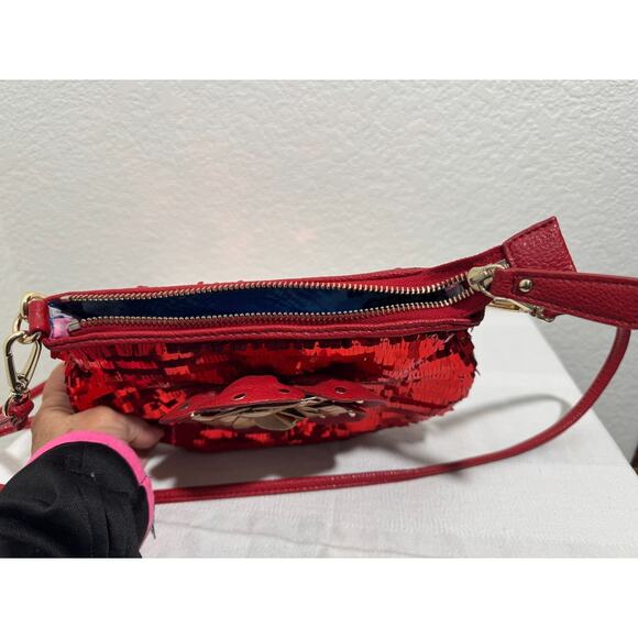 Sharif Red Purse Handbag Sequins Rose Top Chain Handle Cross Body Shoulder Strap - Picture 11 of 14